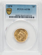1878 $3 Three Dollar Gold Pieces PCGS AU58