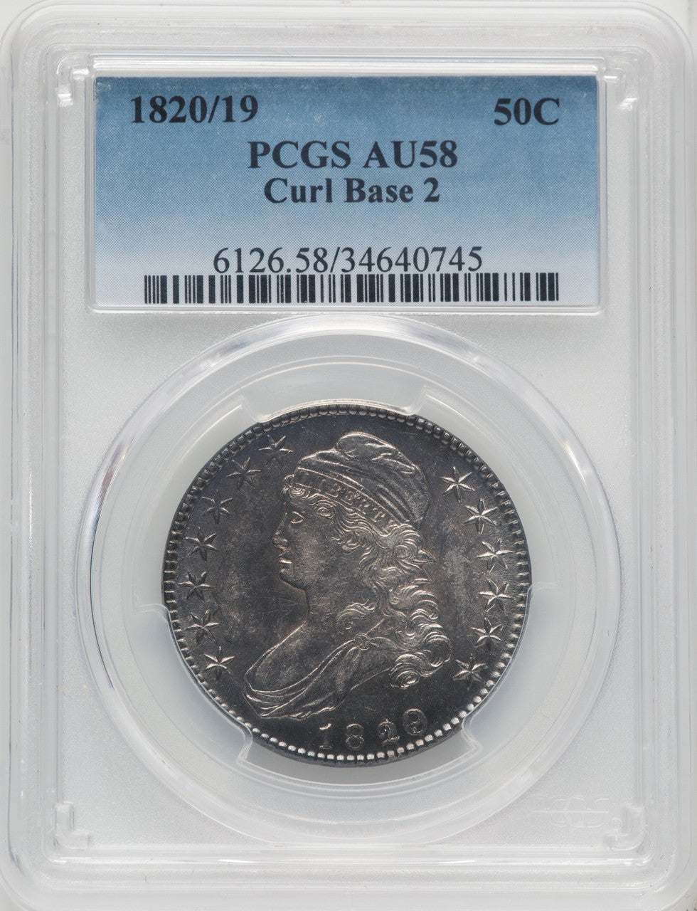 1820/19 50C Curl Base 2 Bust Half Dollar PCGS AU58