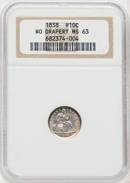 1838 H10C NO DRAPERY Seated Half Dime NGC MS63