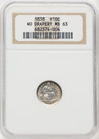 1838 H10C NO DRAPERY Seated Half Dime NGC MS63