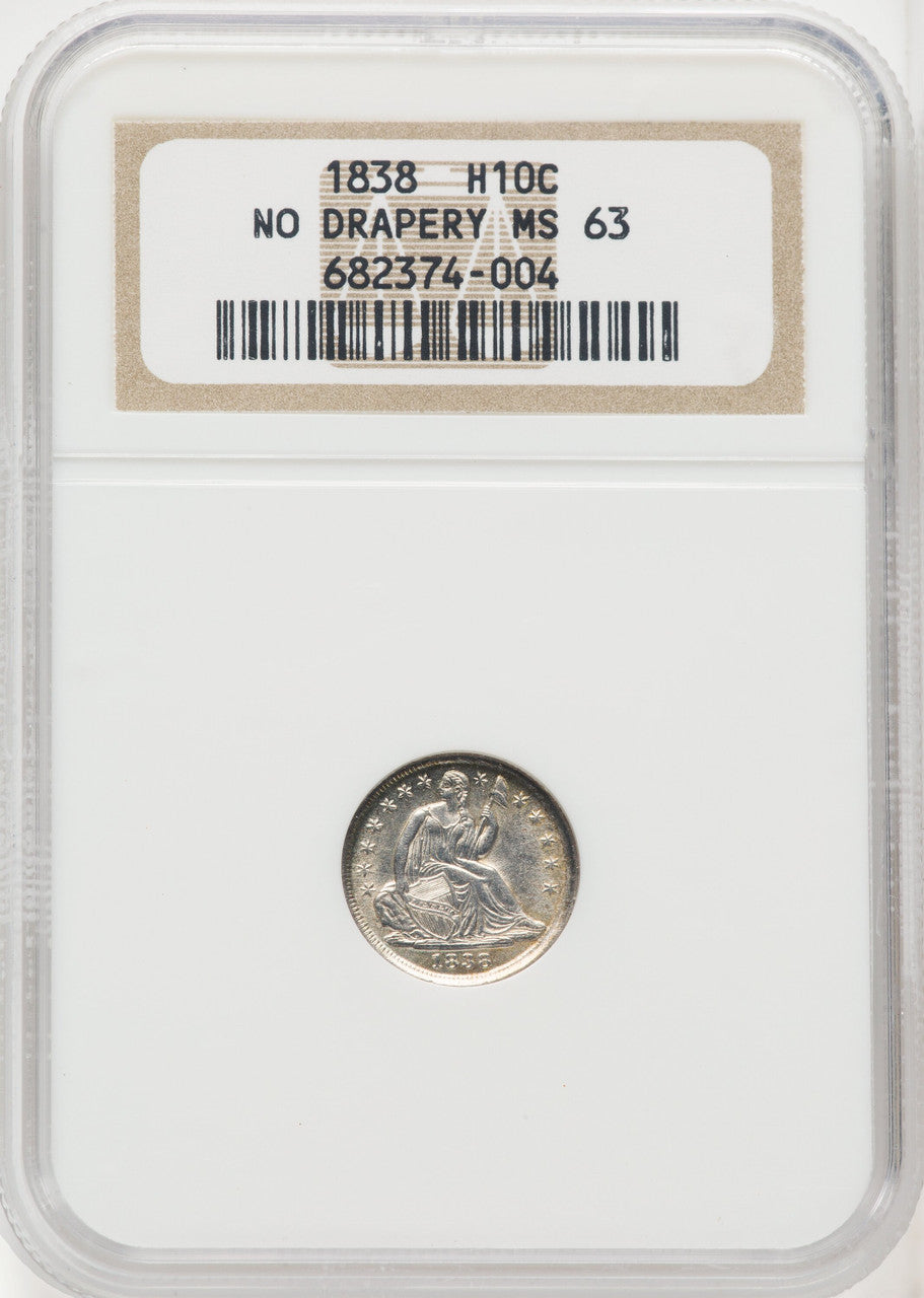 1838 H10C NO DRAPERY Seated Half Dime NGC MS63