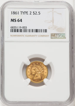 1861 $2.50 New Reverse Type 2 Liberty Quarter Eagle NGC MS64 (765816059)
