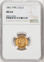 1861 $2.50 New Reverse Type 2 Liberty Quarter Eagle NGC MS64 (765816059)
