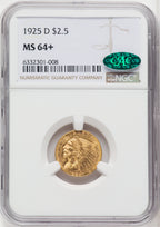 1925-D $2.50 CAC Indian Quarter Eagle NGC MS64+