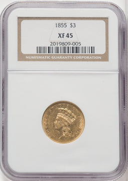 1855 $3 Three Dollar Gold Pieces NGC XF45