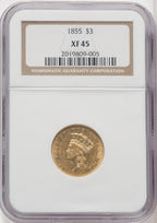1855 $3 Three Dollar Gold Pieces NGC XF45