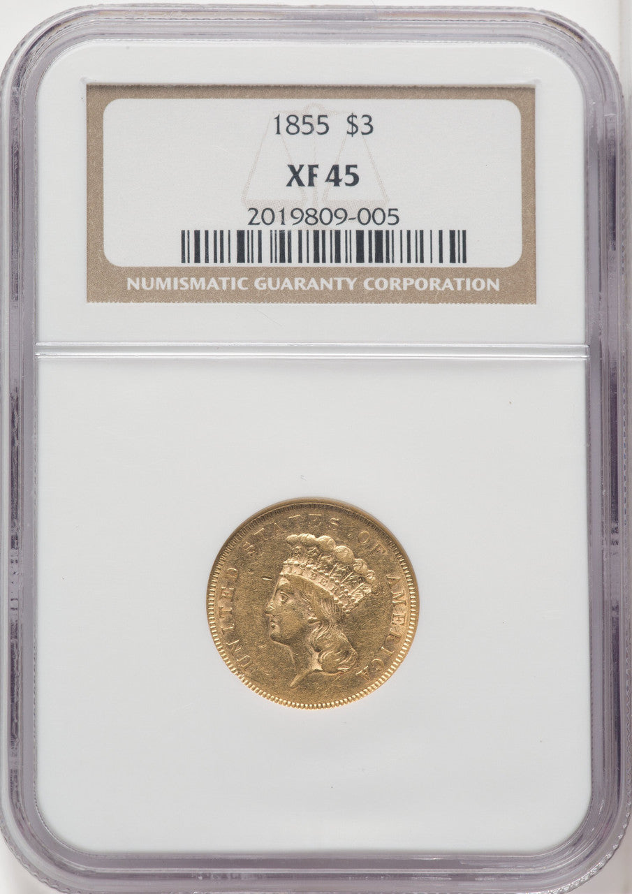 1855 $3 Three Dollar Gold Pieces NGC XF45