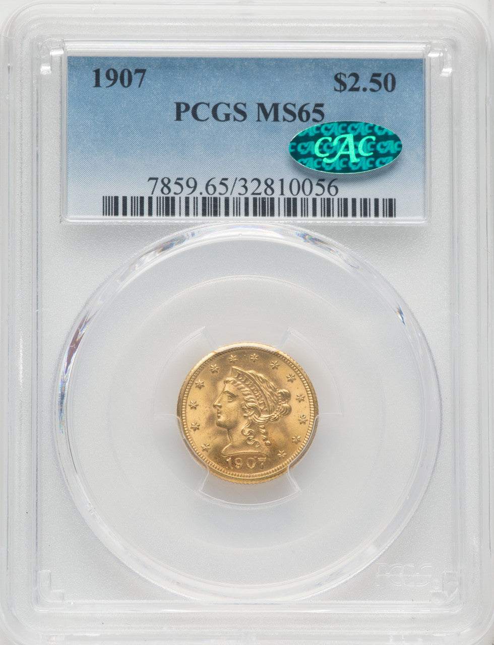 1907 $2.50 CAC Liberty Quarter Eagle PCGS MS65