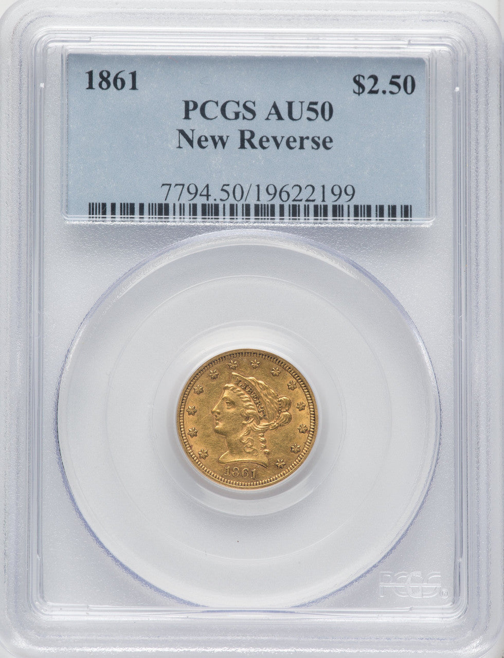 1861 $2.50 New Reverse Type 2 Liberty Quarter Eagle PCGS AU50