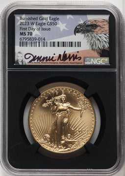 2023-W Burnished Gold Eagle 1 oz FDI Jennie Norris Blk Core NGC MS70