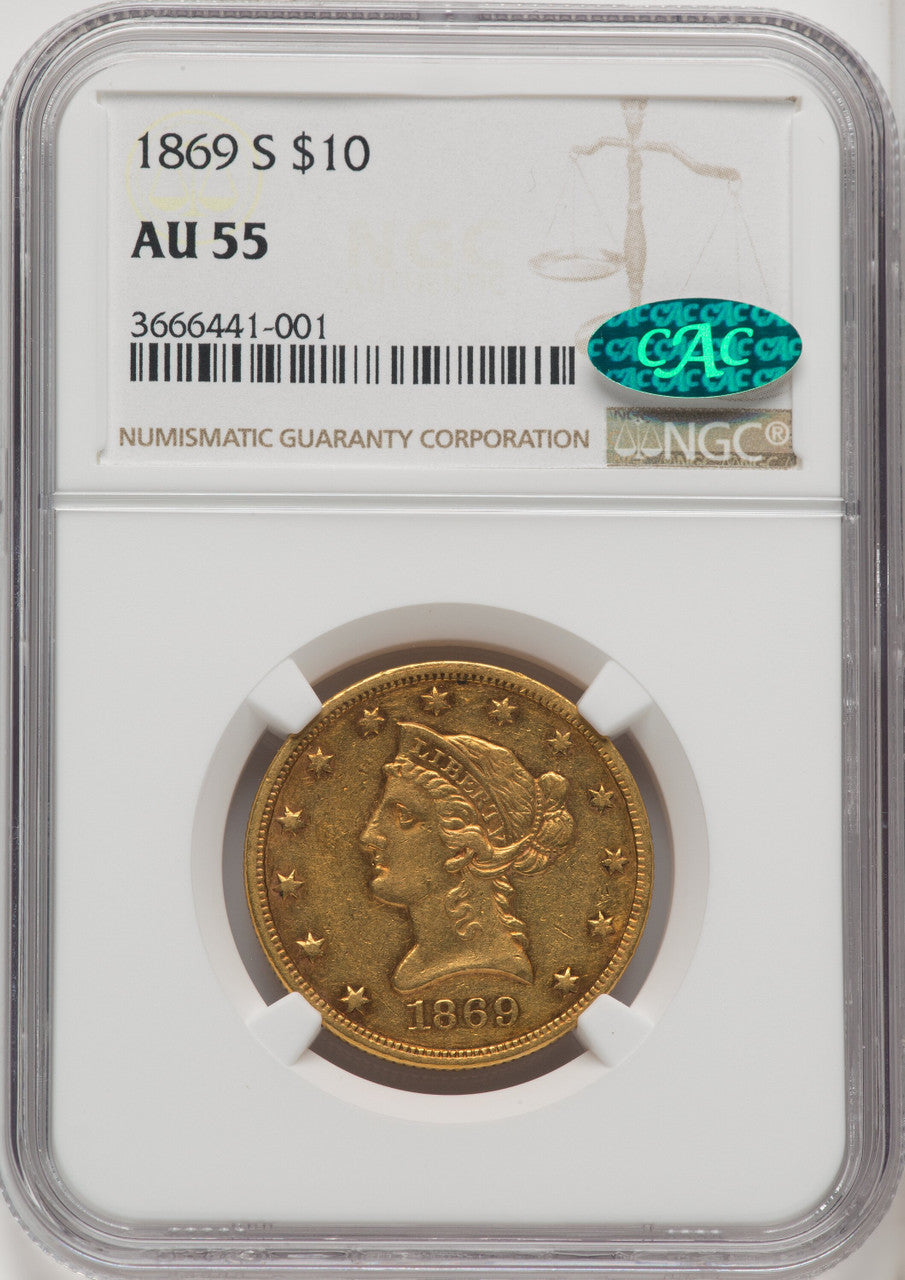 1869-S $10 CAC Liberty Eagle NGC AU55