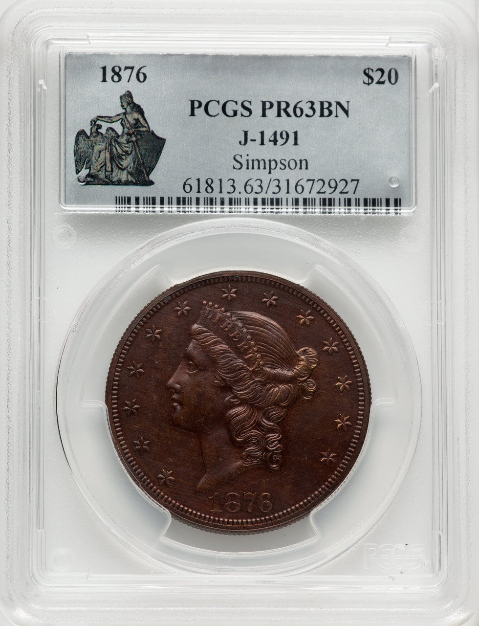 1876 $20 J-1491 BN Patterns PCGS MS63