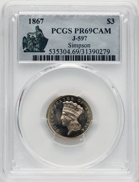 1867 $3 Judd-597 CA Patterns PCGS MS69