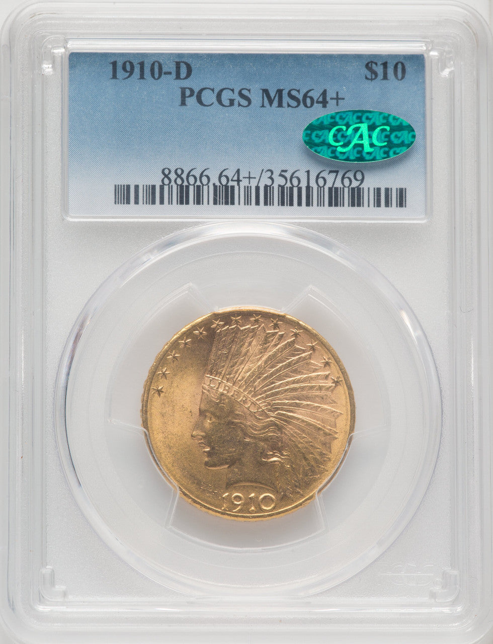 1910-D $10 CAC Indian Eagle PCGS MS64+