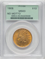 1908 $10 NO MOTTO Indian Eagle PCGS MS63
