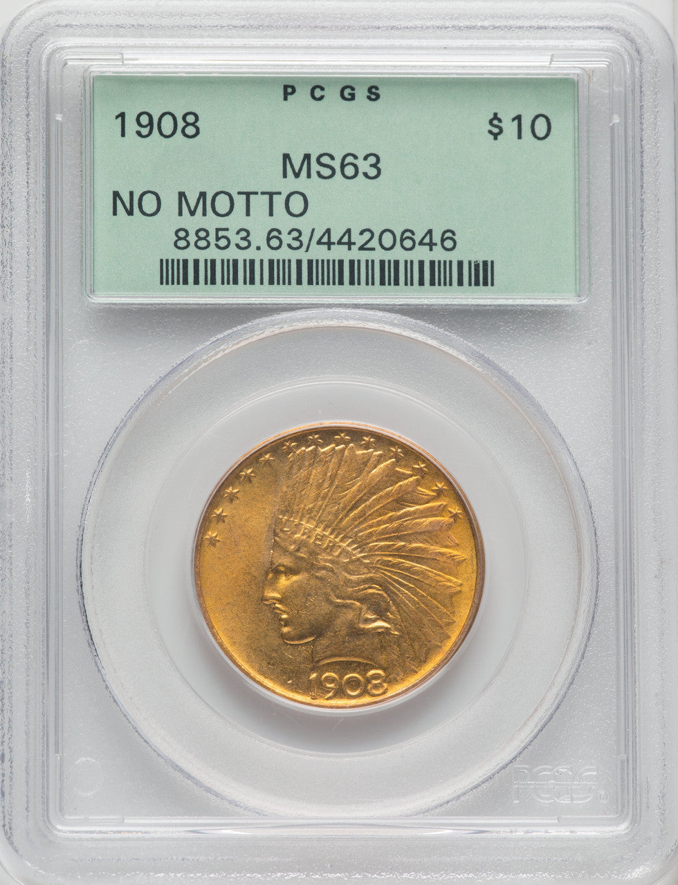 1908 $10 NO MOTTO Indian Eagle PCGS MS63