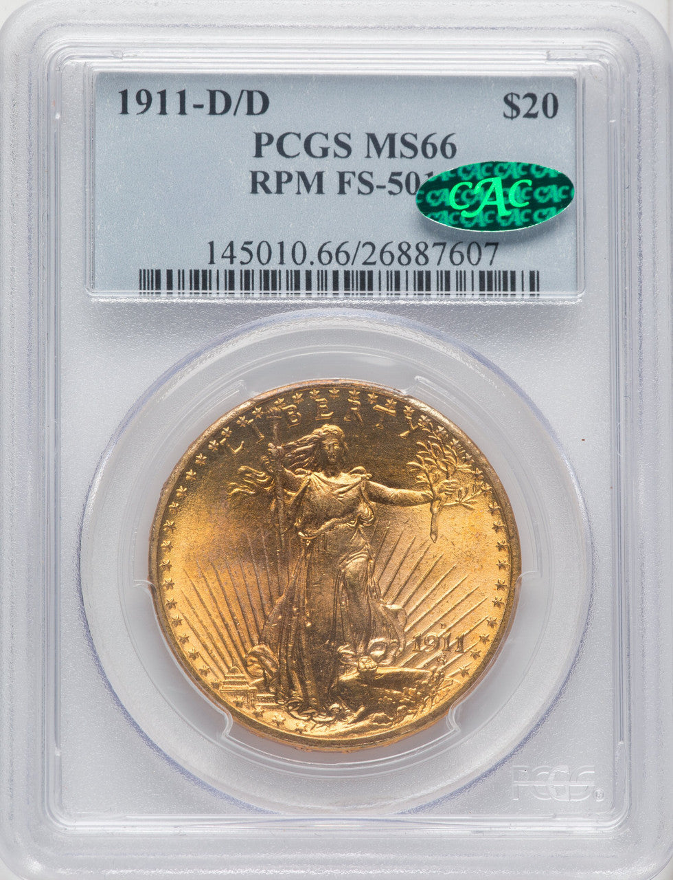 1911-D/D $20 RPM FS-501 CAC Saint-Gaudens Double Eagle PCGS MS66