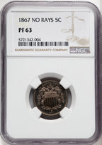 1867 5C NO RAYS Proof Shield Nickel NGC PR63