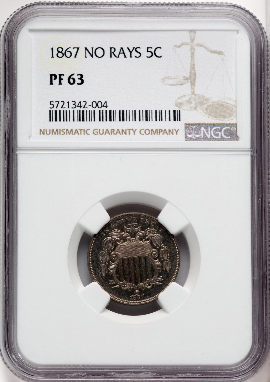 1867 5C NO RAYS Proof Shield Nickel NGC PR63