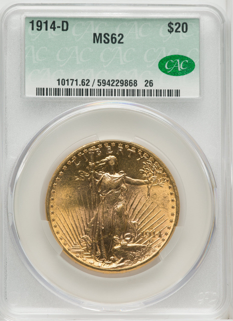 1914-D $20 Saint-Gaudens Double Eagle CACG MS62