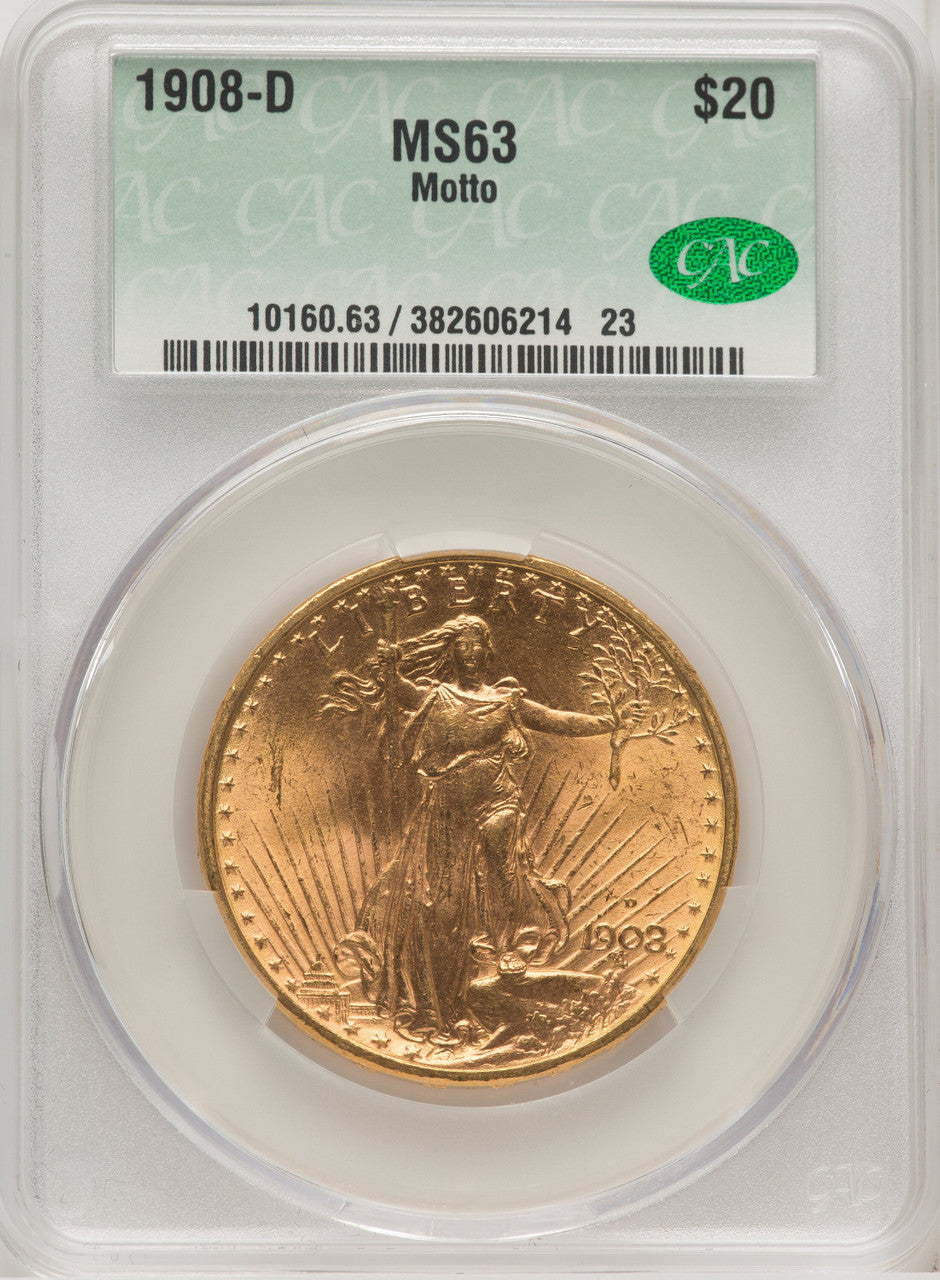 1908-D $20 MOTTO Saint-Gaudens Double Eagle CACG MS63
