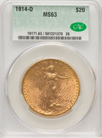 1914-D $20 Saint-Gaudens Double Eagle CACG MS63