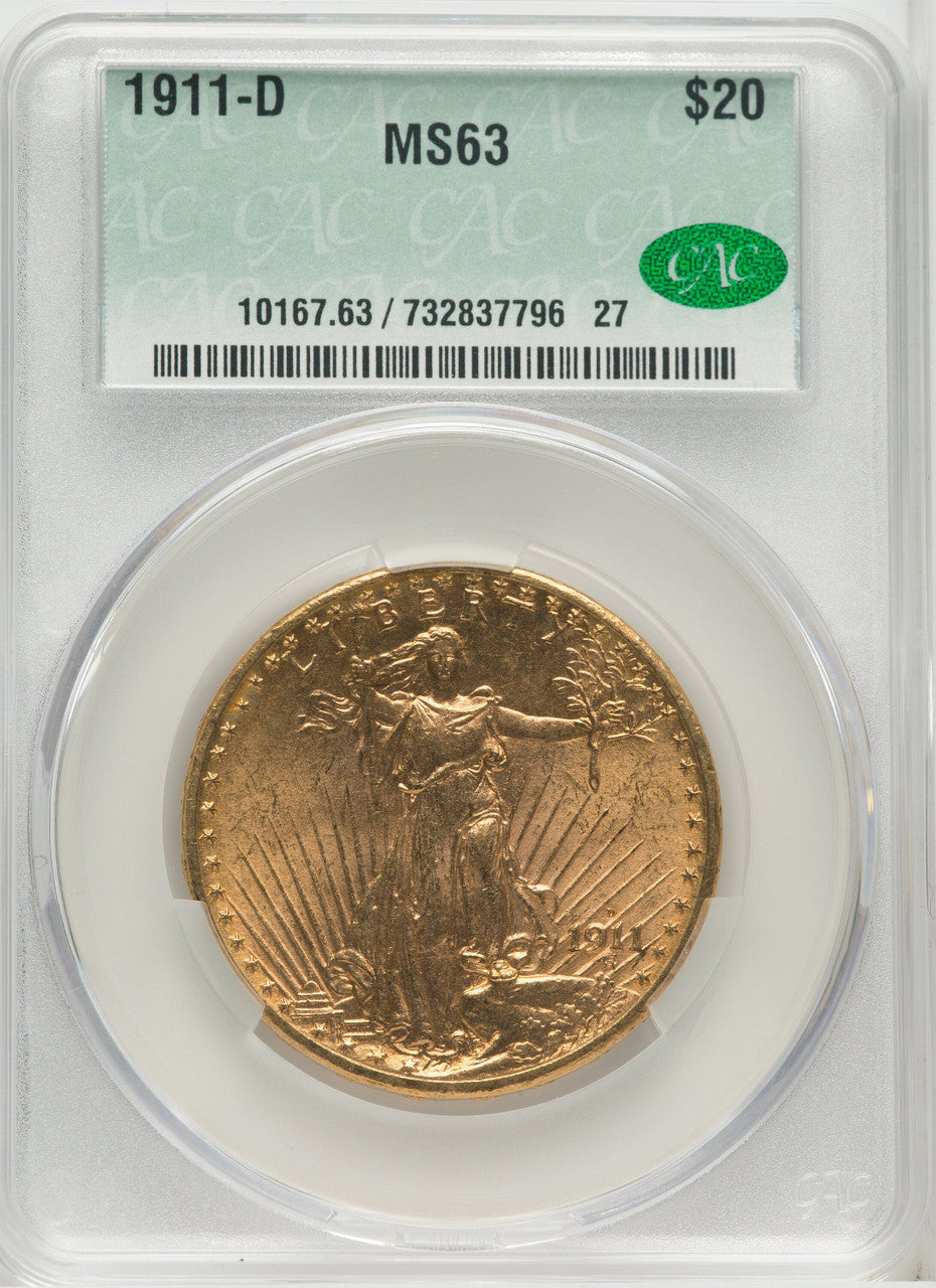 1911-D $20 Saint-Gaudens Double Eagle CACG MS63