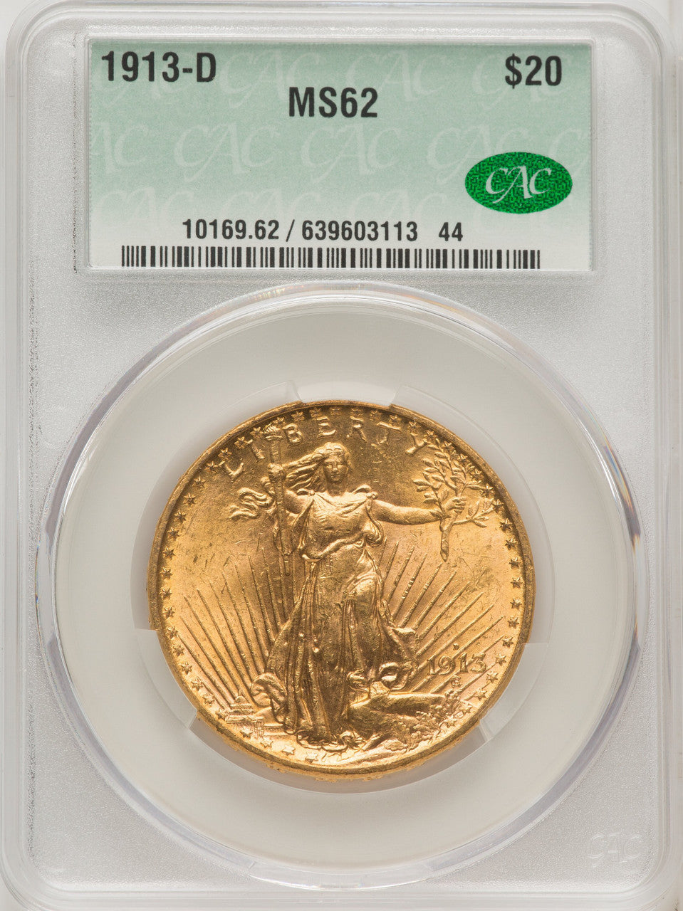 1913-D $20 Saint-Gaudens Double Eagle CACG MS62