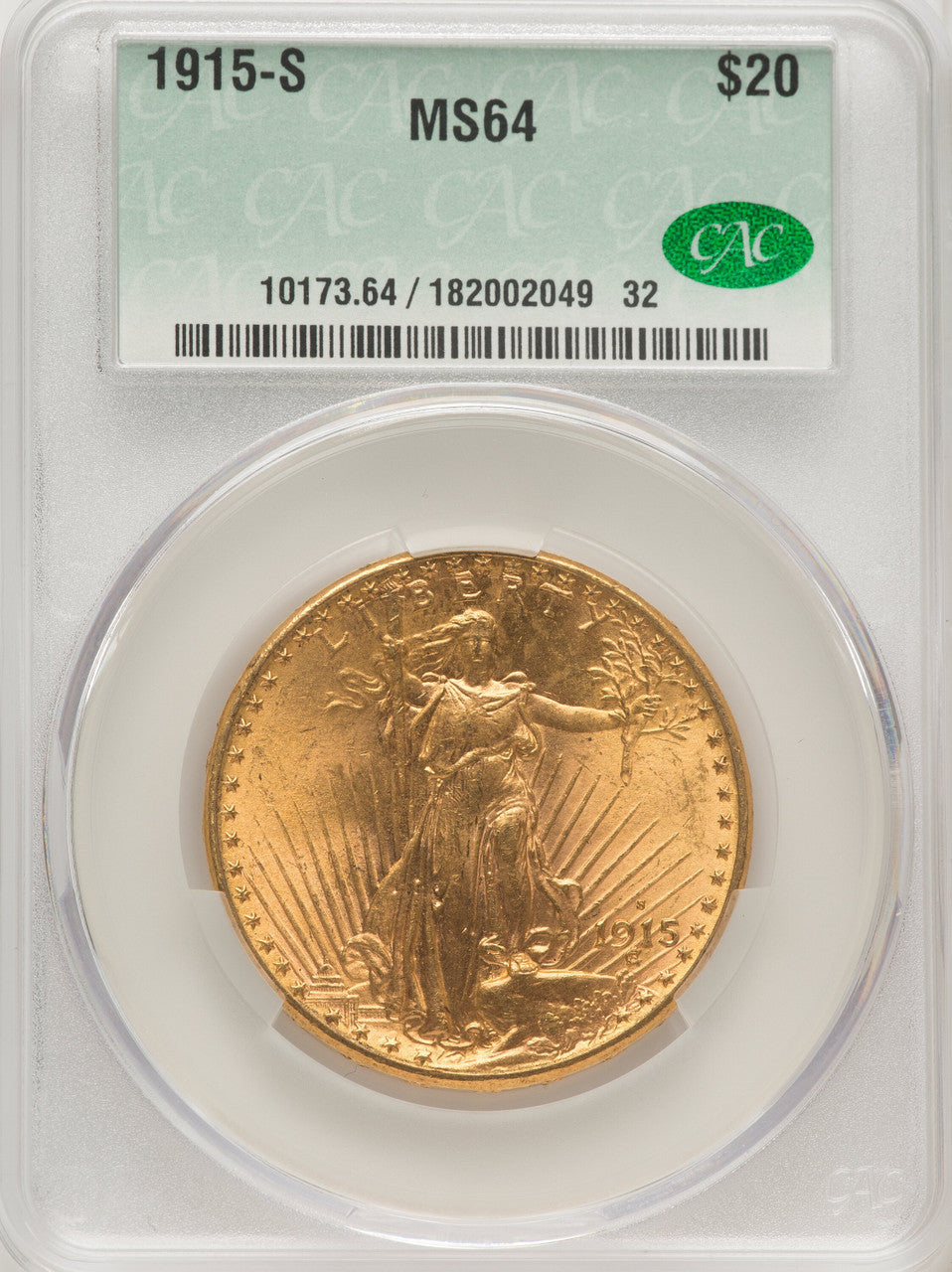 1915-S $20 Saint-Gaudens Double Eagle CACG MS64
