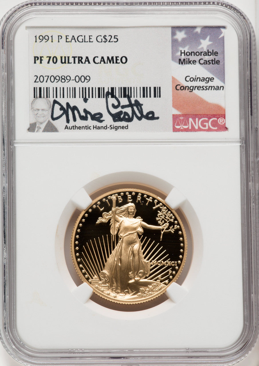 1991-P $25 Half-Ounce Gold Eagle Mike Castle NGC PF70