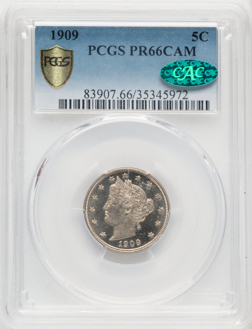 1909 5C CA CAC Proof Liberty Nickel PCGS PR66