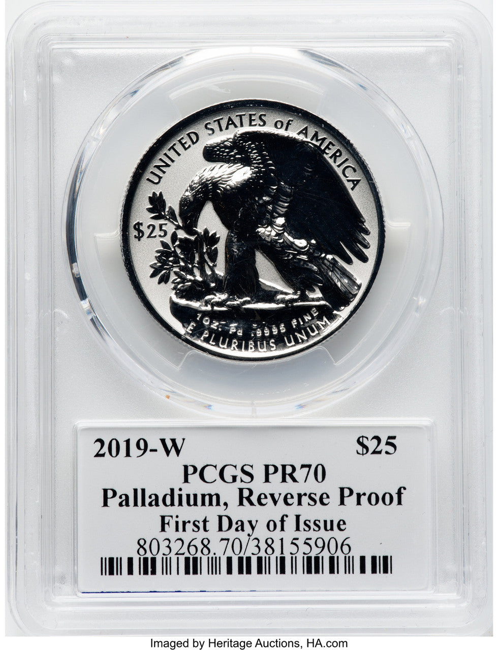 2019-W $25 Palladium Reverse Proof First Day of Issue Moy UHR Signature PCGS PR70