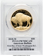 2018-W $50 One-Ounce Gold Buffalo First Day of Issue Washington D.C. Moy Signature PCGS PR70