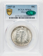 1917-D 50C OBVERSE CAC Walking Liberty Half Dollar PCGS MS64