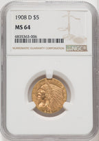 1908-D $5 Indian Half Eagle NGC MS64 (766917020)