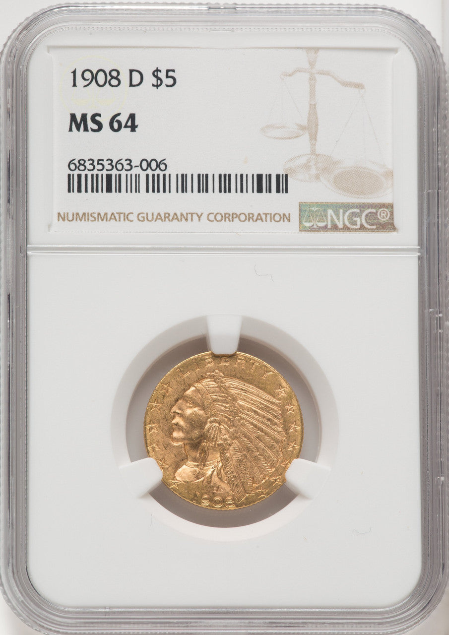 1908-D $5 Indian Half Eagle NGC MS64 (766917020)
