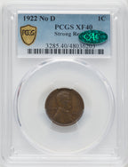 1922 No D Strong Reverse BN CAC Lincoln Cent PCGS XF40