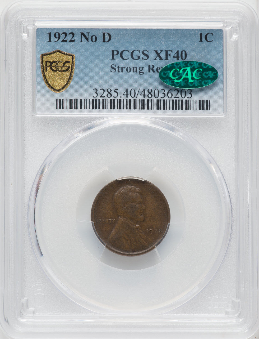 1922 No D Strong Reverse BN CAC Lincoln Cent PCGS XF40