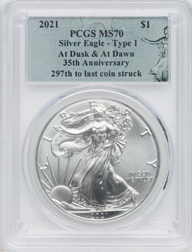 2021 American Silver Eagle Type 1 At Dusk & Dawn 35th Anniversary 269th PCGS MS70