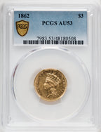 1862 $3 Three Dollar Gold Pieces PCGS AU53