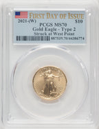 2021 $10 Quarter Ounce Gold Eagle Type Two FDI FDI Flag PCGS MS70