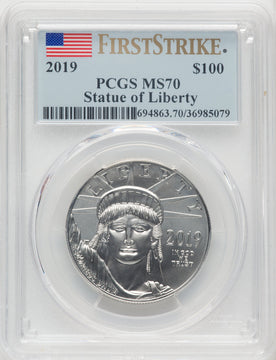 2019 $100 One-Ounce Platinum Eagle Statue of Liberty First Strike FS Flag PCGS MS70