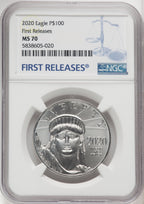 2020 $100 One Ounce Statue of Liberty First Strike FR Blue NGC MS70