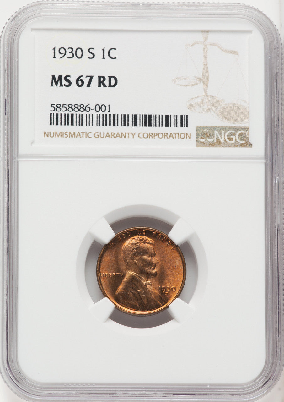 1930-S 1C RD Lincoln Cent NGC MS67