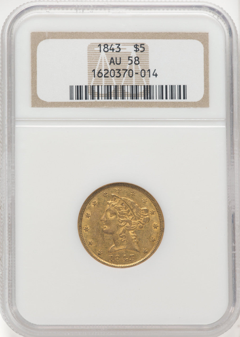 1843 $5 Liberty Half Eagle NGC AU58