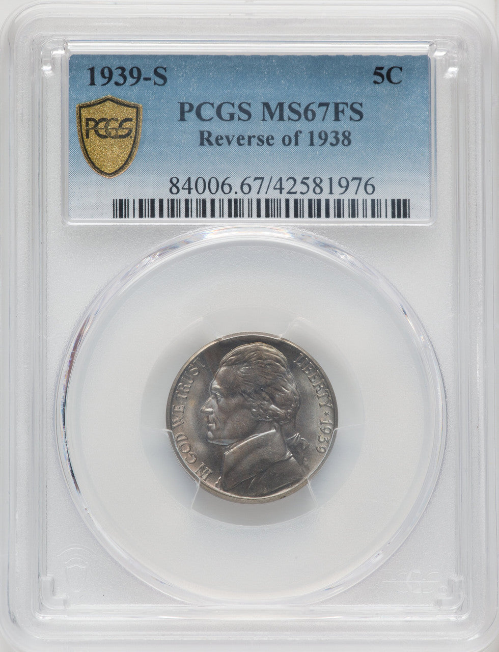 1939-S 5C Reverse of 1938 FS Jefferson Nickel PCGS MS67