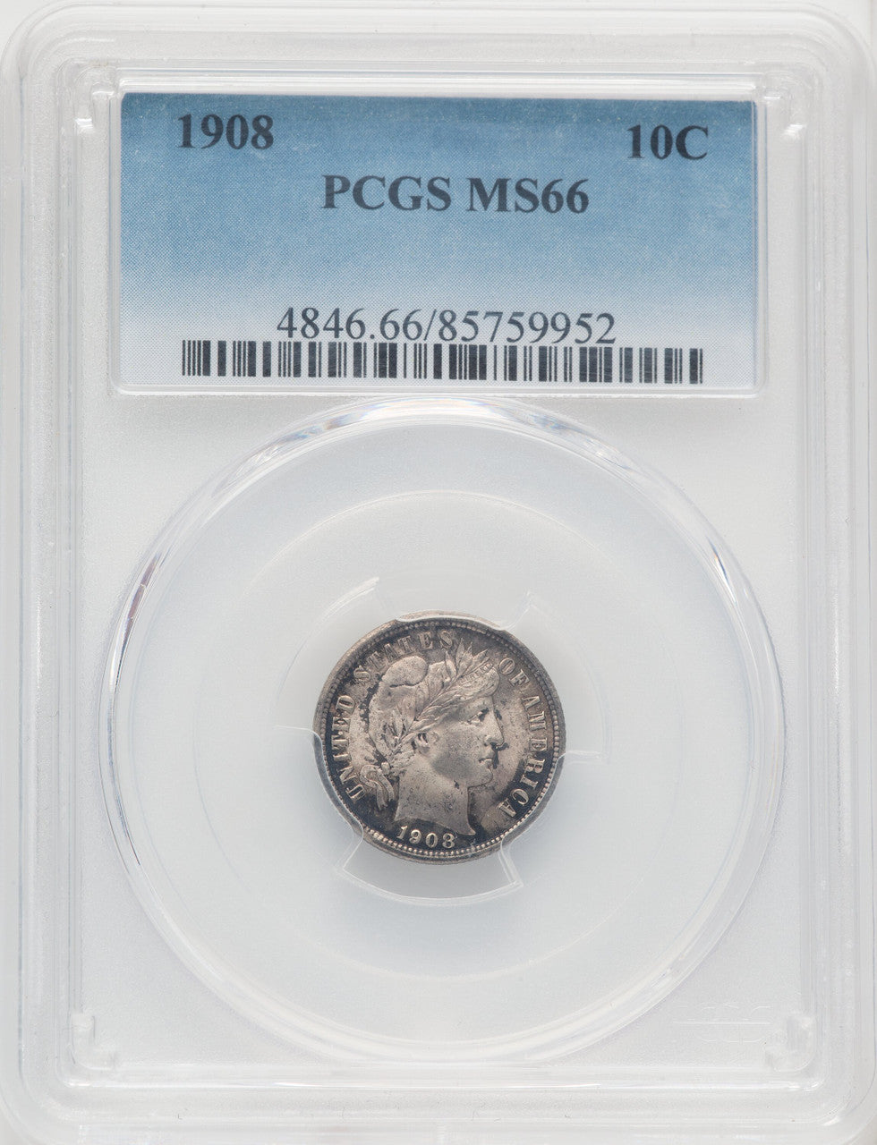 1908 10C Barber Dime PCGS MS66