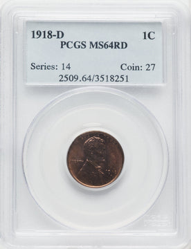 1918-D 1C RD Lincoln Cent PCGS MS64