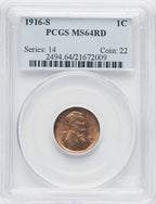 1916-S 1C RD Lincoln Cent PCGS MS64