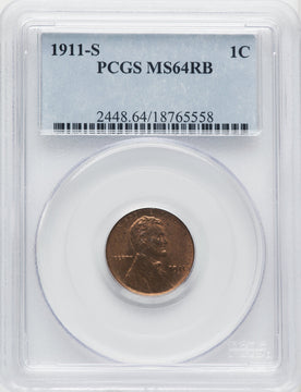 1911-S 1C RB Lincoln Cent PCGS MS64